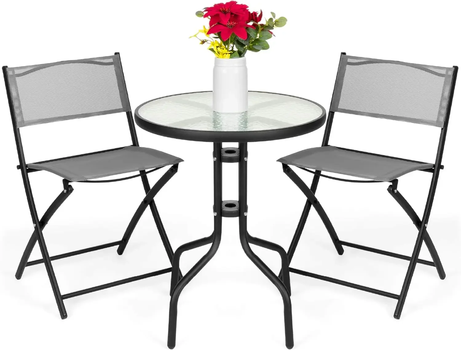 3-Piece Patio Bistro Dining Furniture Set w/Textured Glass Tabletop, 2 Folding Chairs, Steel Frame