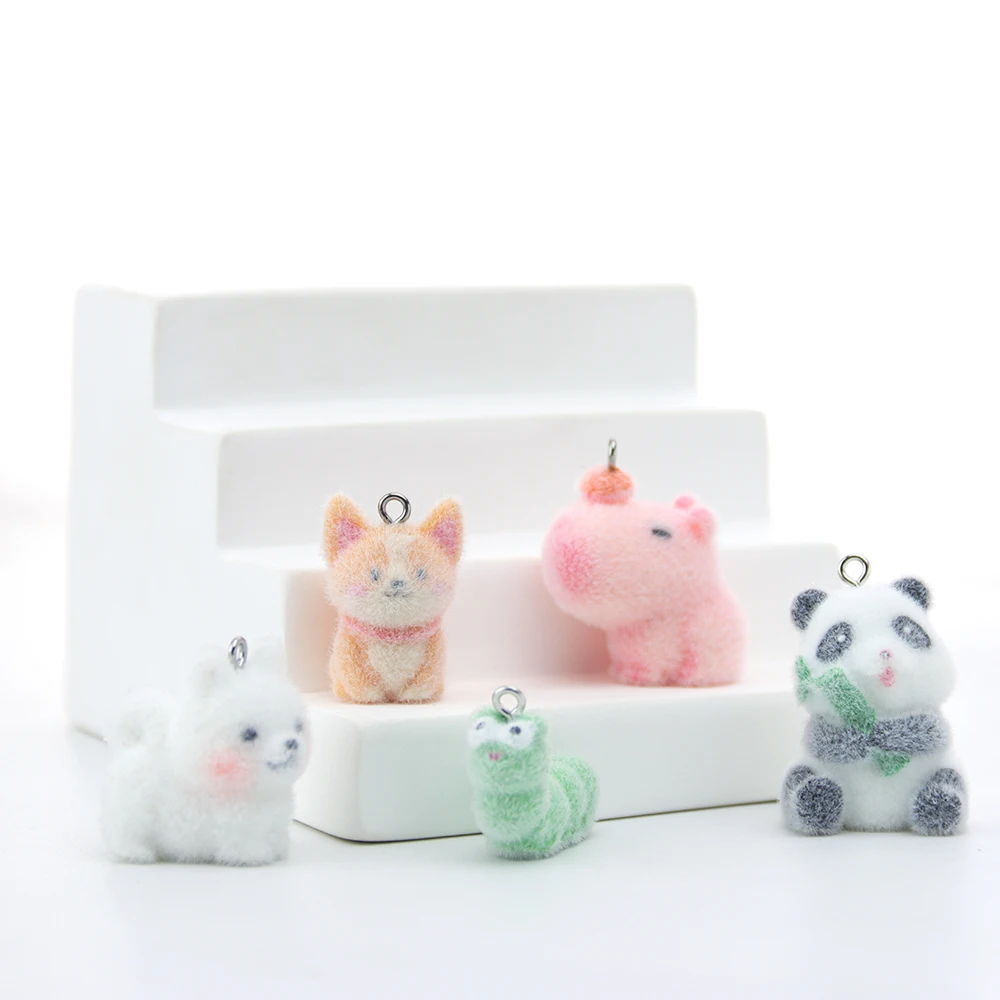 20PCS 3D Resin Flocking Animals Charms Cute Plush Dolls Pendant for Necklace Keychain Making DIY Jewelry Accessories Wholesale
