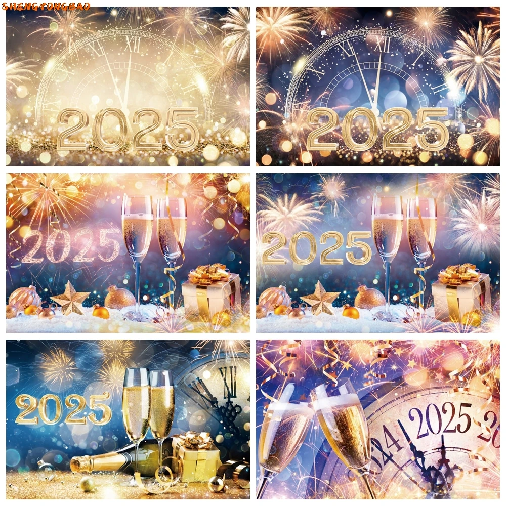 2025 Happy New Year Photography Backdrop Golden Glitter Fireworks Champagne Celebrate Party Family Portrait Photo Background