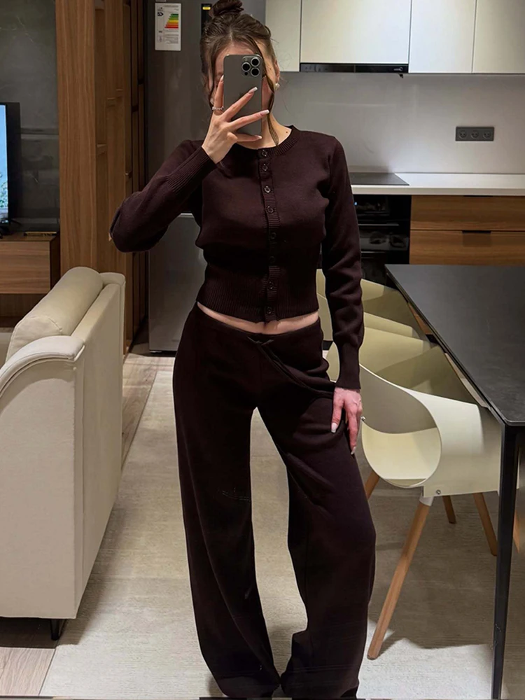 

Tuularose Women's Trousers 2 Piece Solid Knit Cardigan Straight Lace-upTrousers Set Vintage Streetwear Commuter Casual Pant Sets