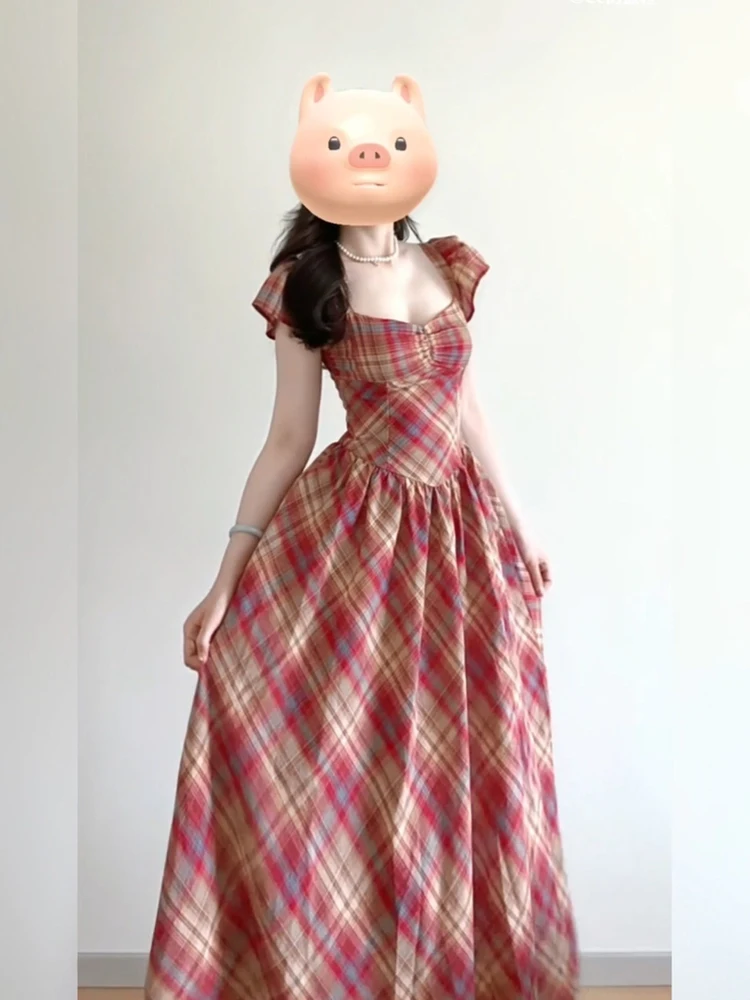 

XZY Elegant Red Plaid Summer Dress for plus Size Women Casual Bubble Sleeve A-Line Long Dress Vintage Stylish Maxi Dress