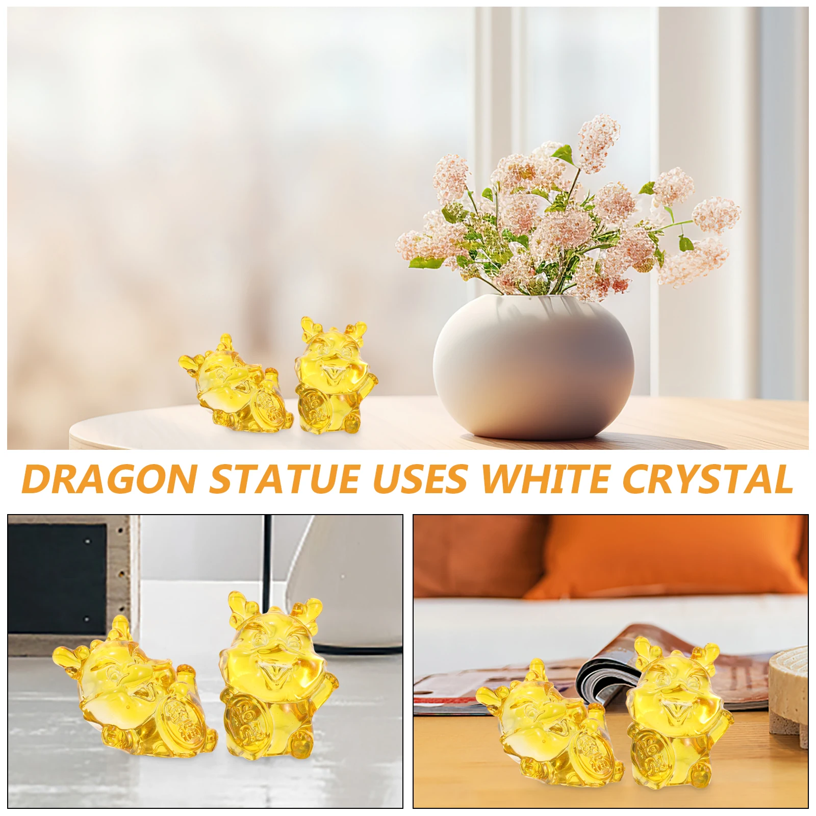 

2pcs Crystal White Crystal Statue Sturdy Desktop Decor Home Office Decorative Dragon Ornament Smooth Surface Miniature
