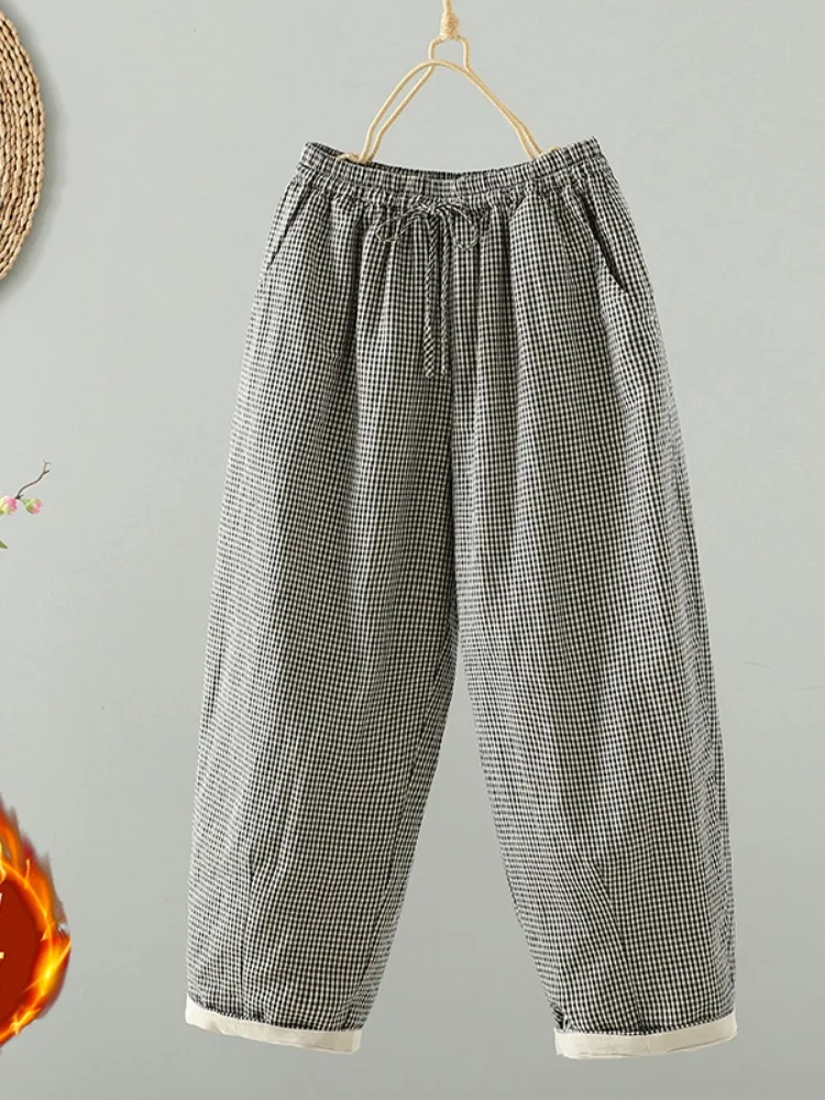 Thickened Cotton Pants Women's Winter Harlan Loose Casual Nine Points Black And White Fine Checkered Home Wear Warm Trousers