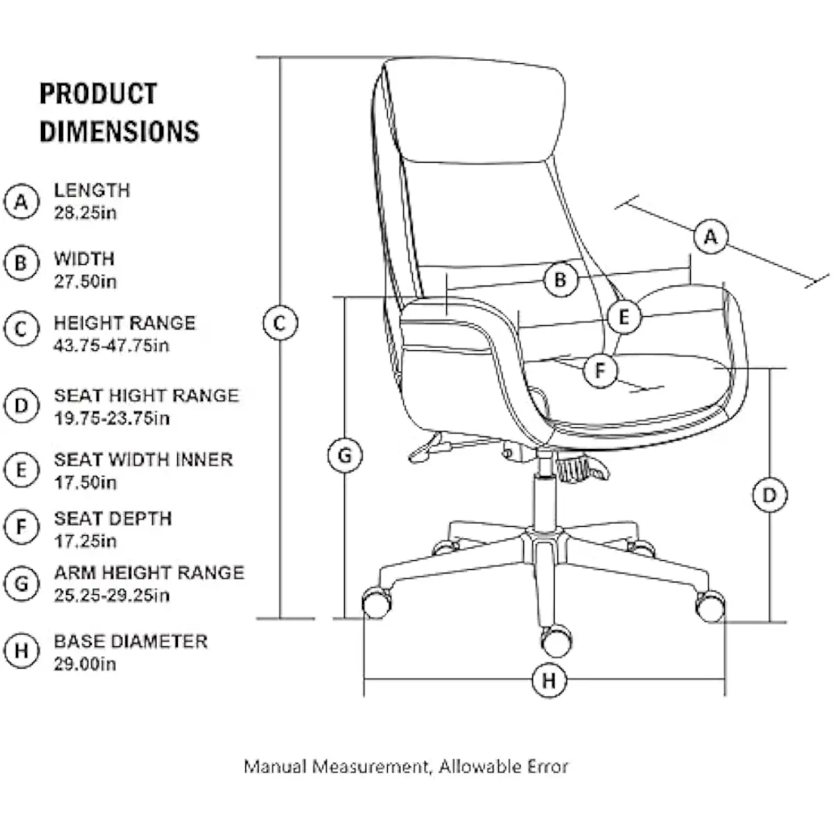 Mid-Century Inspired Ergonomic Leatherette Executive Chair with 360° Swivel Base Height Adjustment Lumbar Support High-Density F