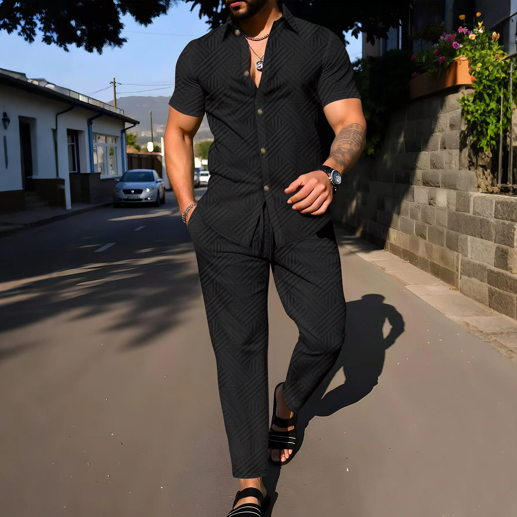 

Men's two-piece outfit: A textured short-sleeved button-down shirt and long pants set, suitable for casual streetwear and summer