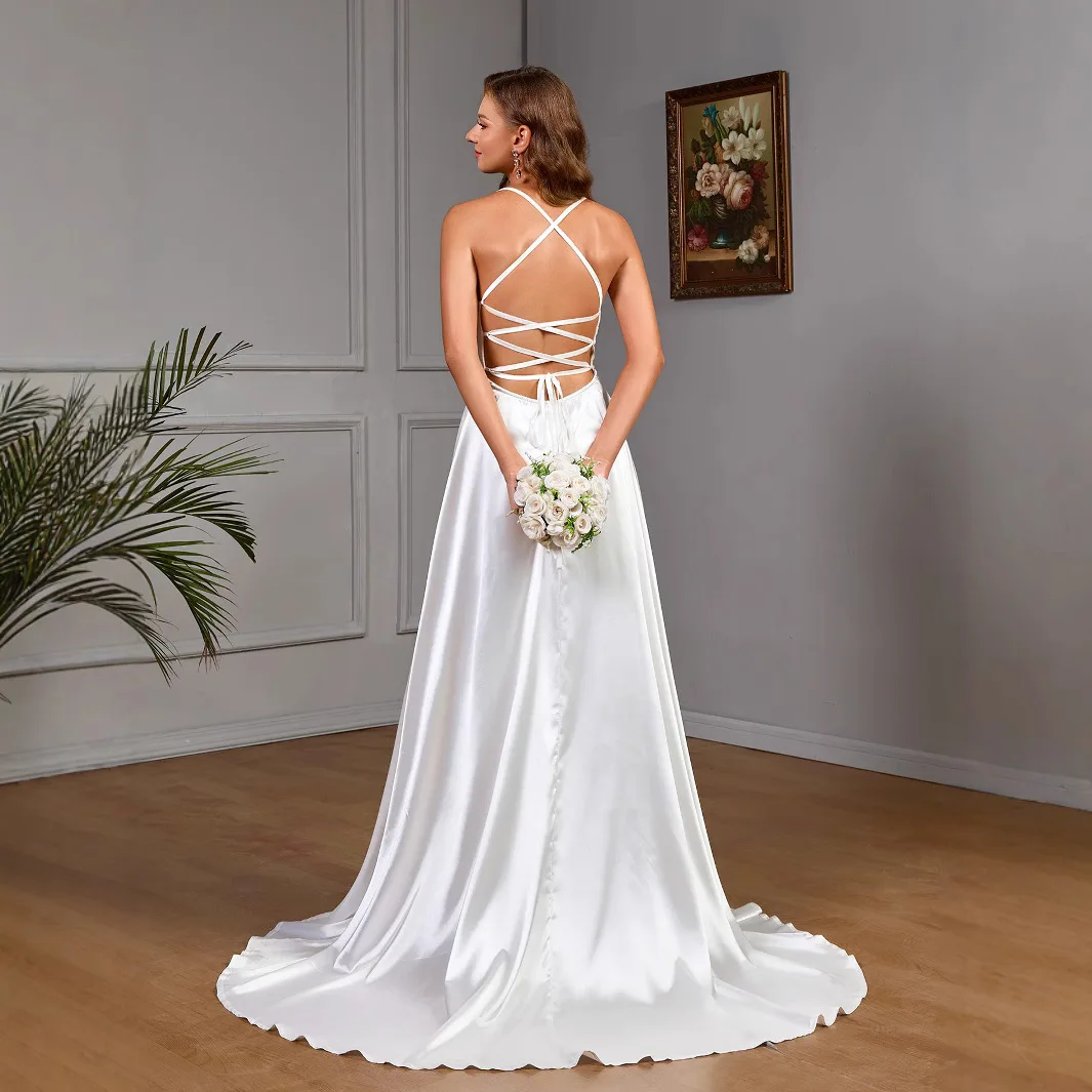 새로운 여성용 민소매 멜빵 화이트 스트랩리스 새틴 민소매 웨딩 드레스 Y2k 2025 여름 드레스 로브 베스티도 여성 우아한