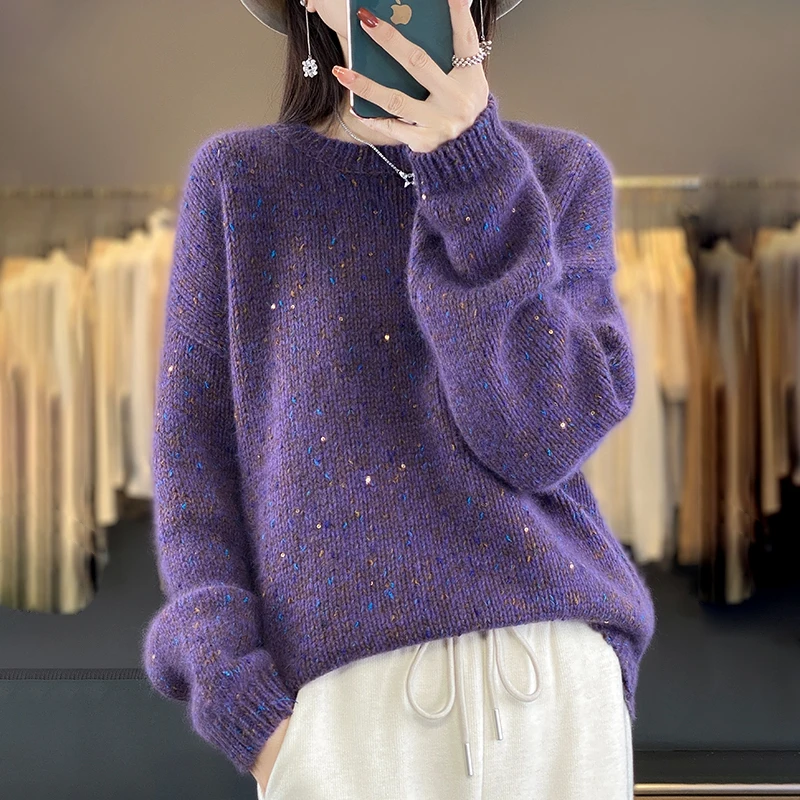 FRSEUCAG  Hot selling new 100% wool knitted women\'s O-neck sweater, loose and comfortable women\'s pullover, wool sweater