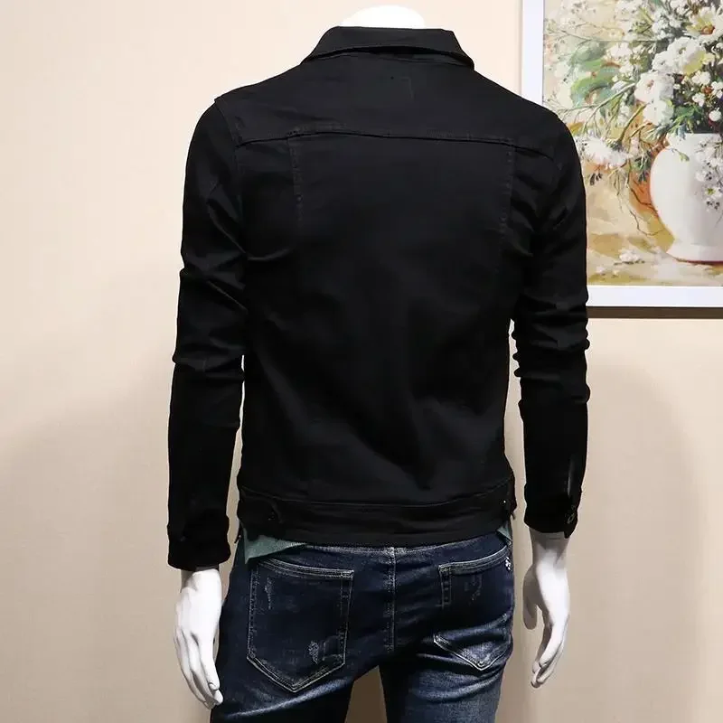 Male Jean Coats Button Autumn Men's Denim Jacket Slim Fit Black Cheap Price Stylish Winter 2024 High Quality Original Outerwear