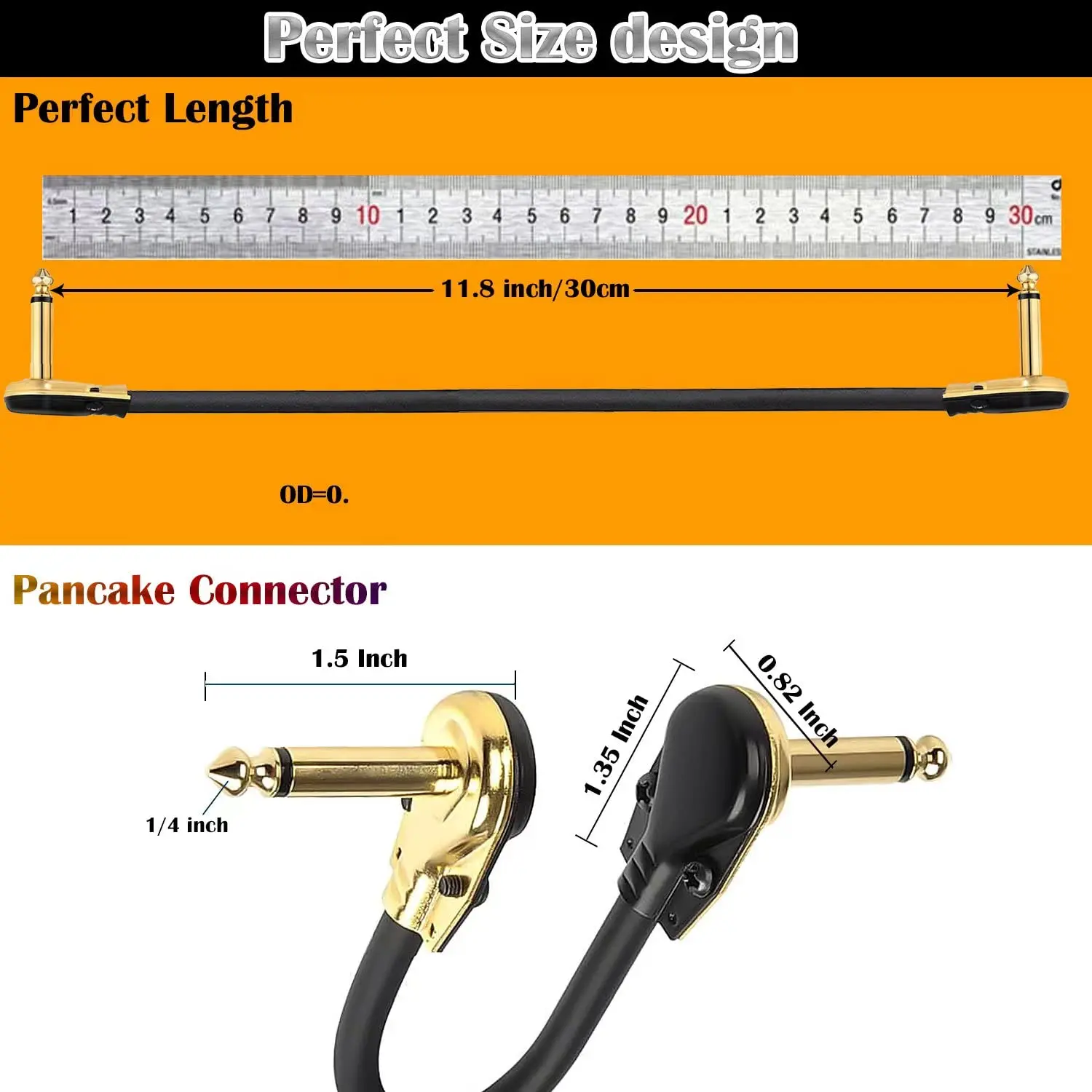 3pack Guitar Patch Cables 12 inch Flat Low Profile,  Right Angle Pedal Instrument Cable, 1/4 Inch Golden Pancake Connector