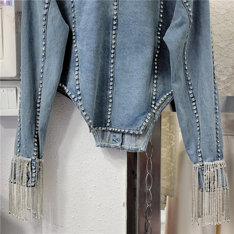 Frühling Herbst Straße Denim Jacke Frauen Kette Quaste Diamant Revers Langarm Einreiher Tops Jean Mäntel Weibliche Oberbekleidung