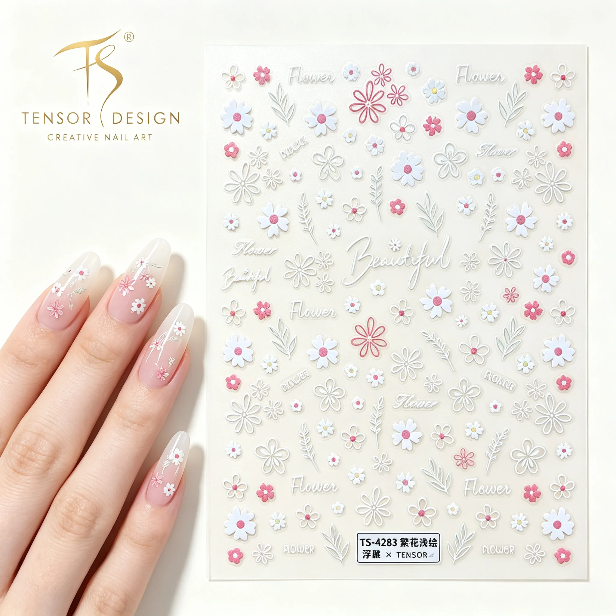 Nail Art Pink Elegan - TENSOR NAIL Sevimli Beyaz Pembe Papatya