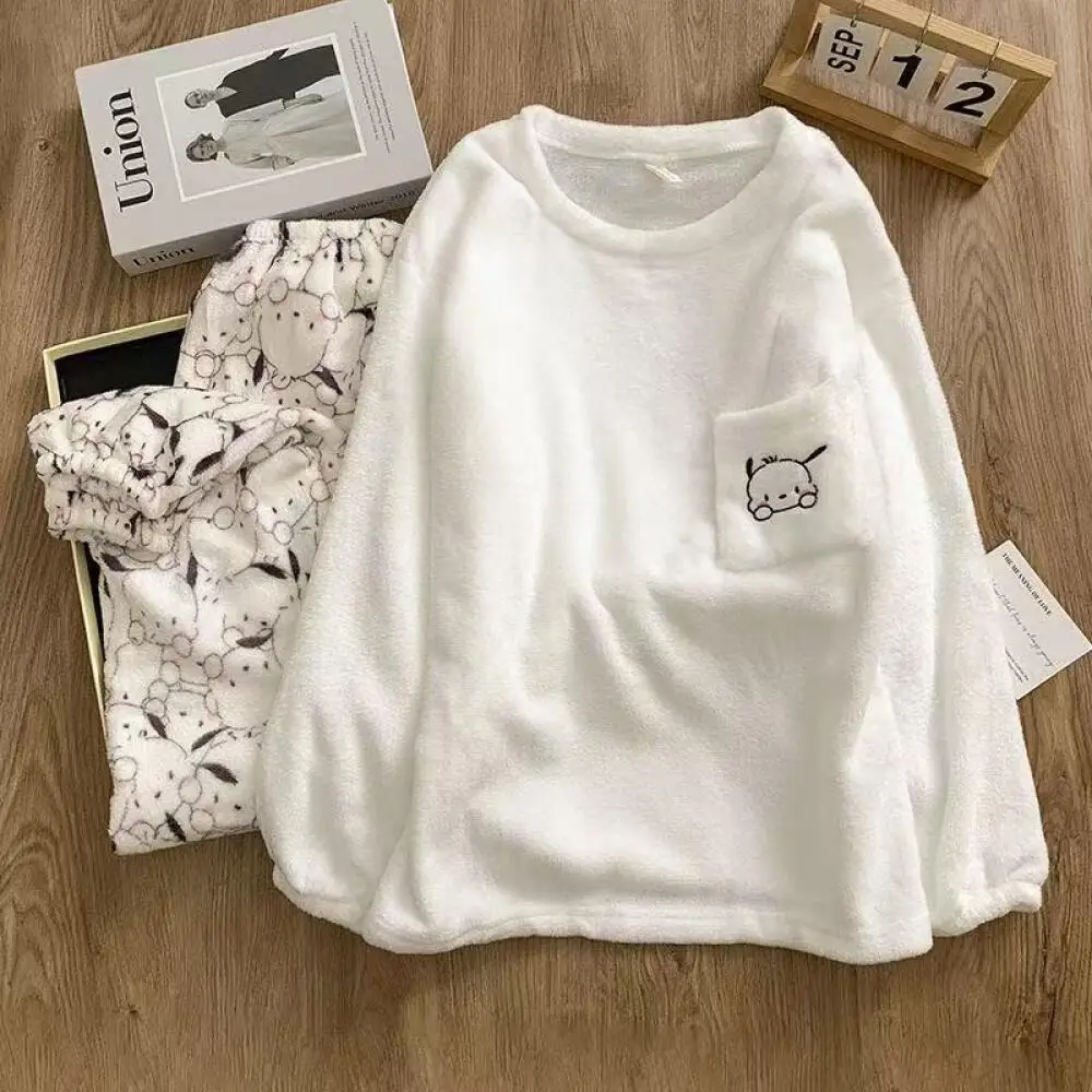

Cartoon Pochacco Hello Kitty 2Pcs Women Plush Pajamas Suit Anime Kawaii Winter Cute Home Clothes Thickened Homewear Soft Girls