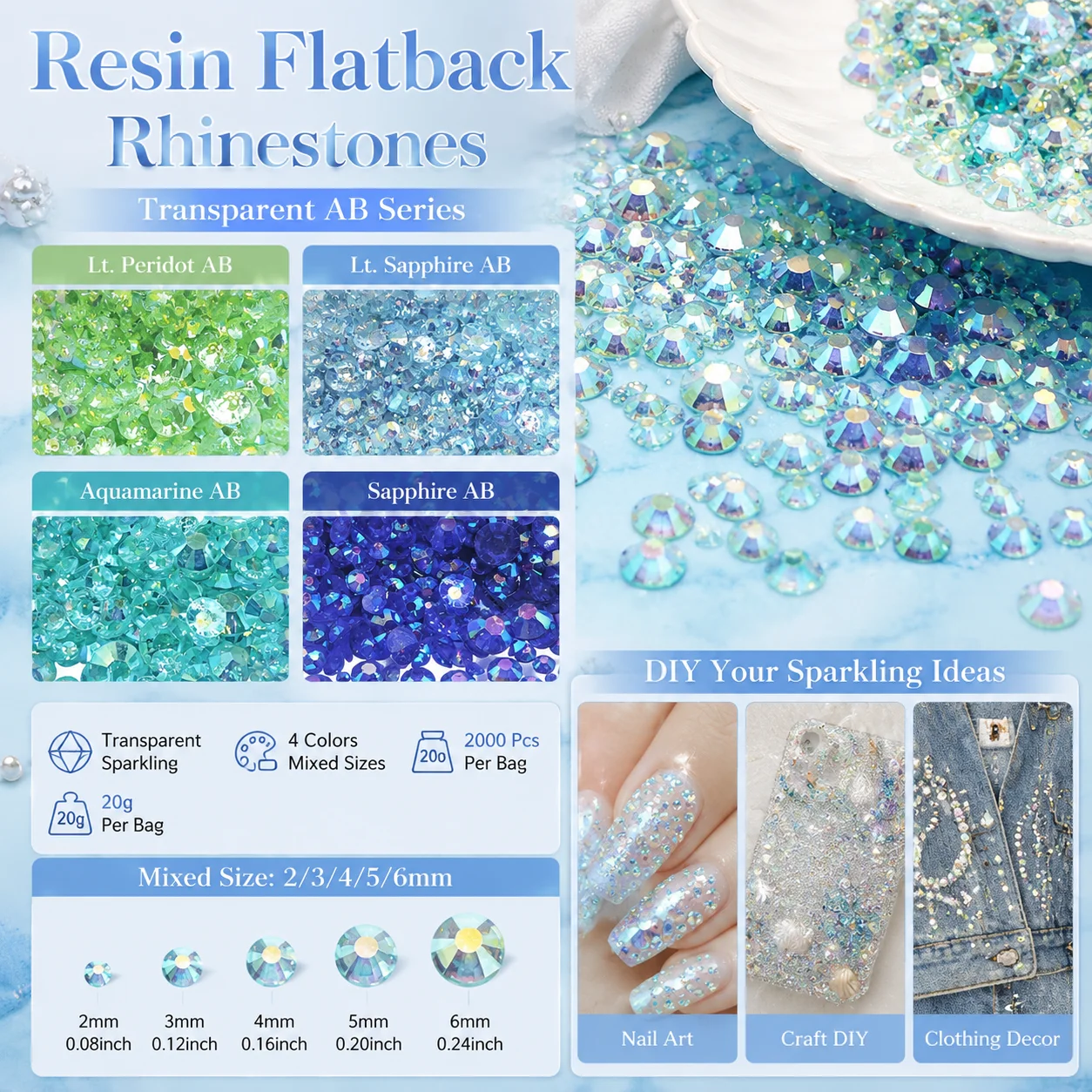 2000 Stück Gemischte 2-6mm Transparente Blaugrüne Flache Kunstharz-Strasssteine für Nagelkunst DIY