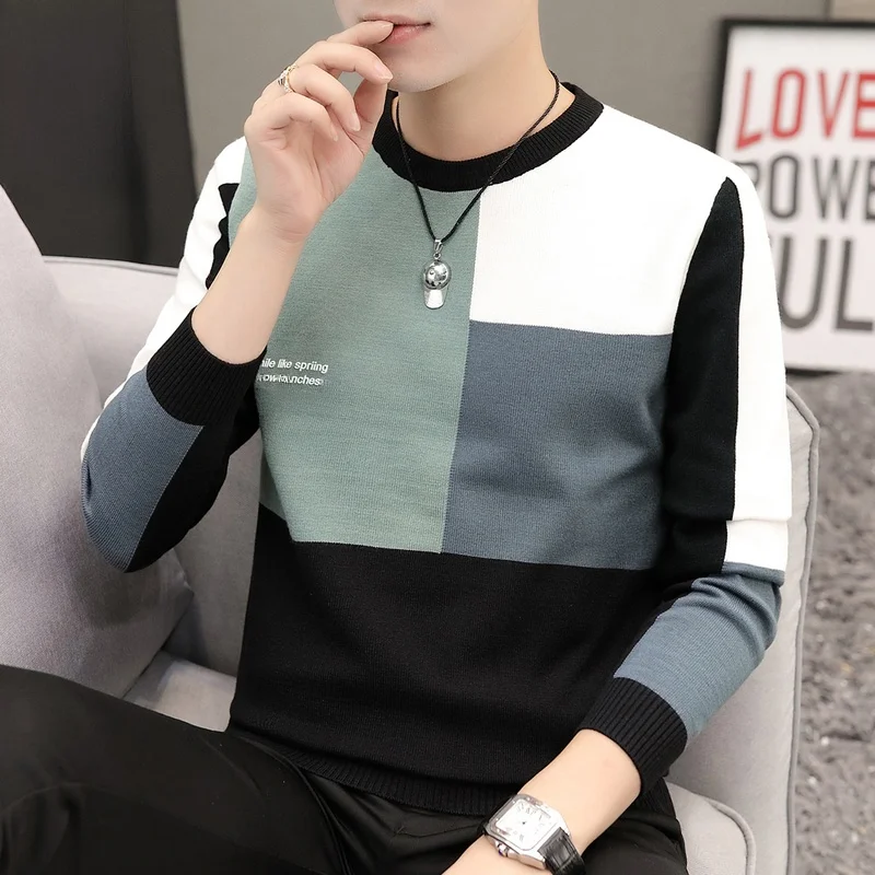 

Мужской вязаный свитер с круглым вырезом, модный, в стиле колор-блок, базовый слой, повседневный, свободного кроя, теплый, зимний, с длинными рукавами