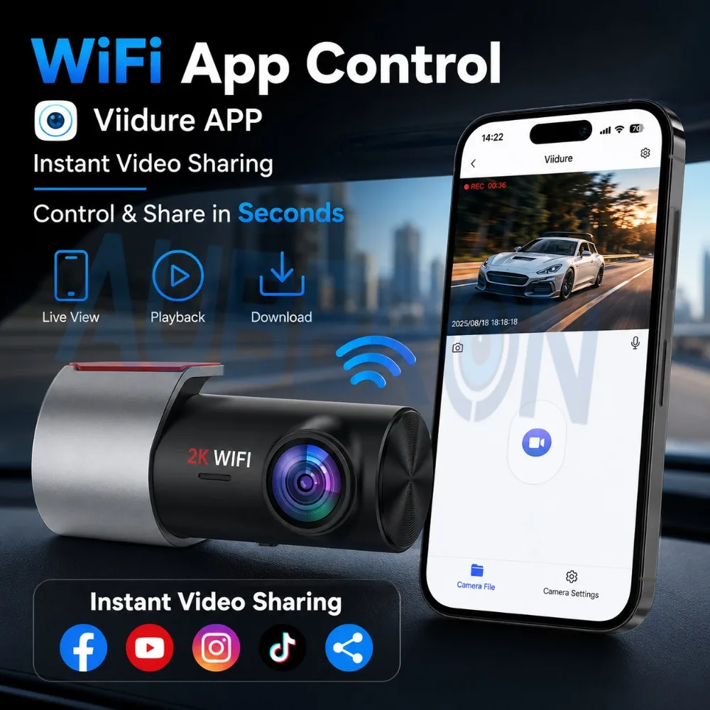 2K Dash Cam Car Camera Recorder WiFi Driving Recorder with APP Control 170° Car DVR Night Vision HDR WDR Loop Recording G Sensor