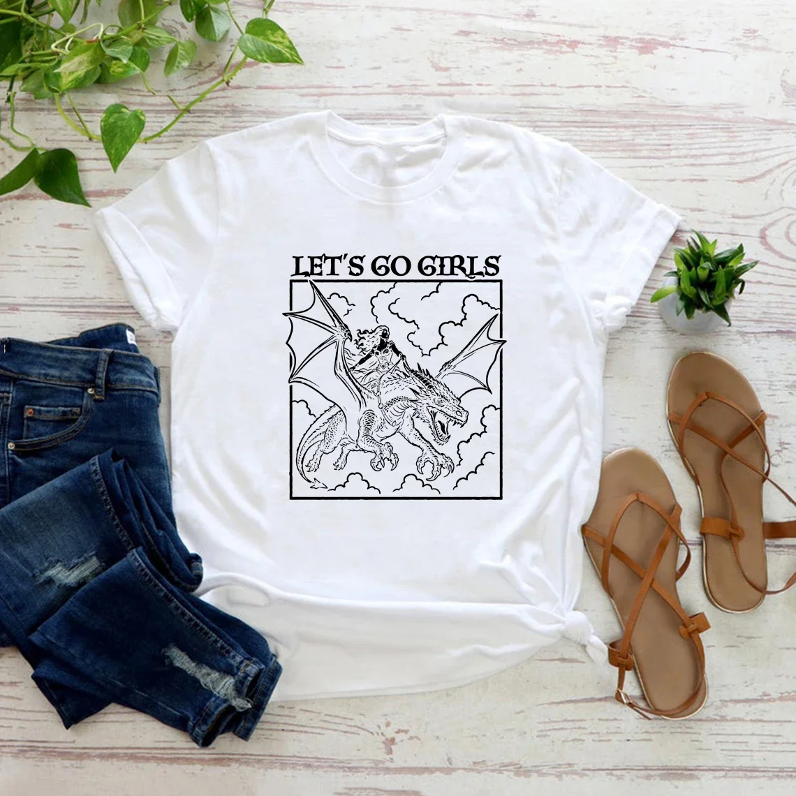 Retro Dragon Rider Shirts Fantasy Feminist Let's Go Girls T-Shirt Women Graphic T Shirts Short Sleeve Tshirt Powerful Girl Gift