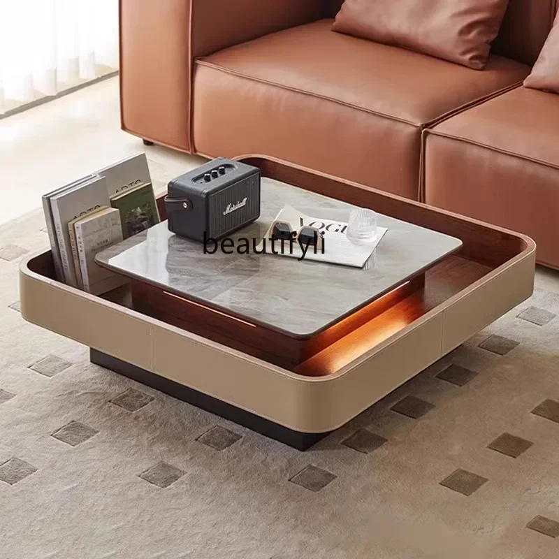

Cy56 A16 Modern home living room multi-functional folding saddle leather solid wood coffee table sofa edge table