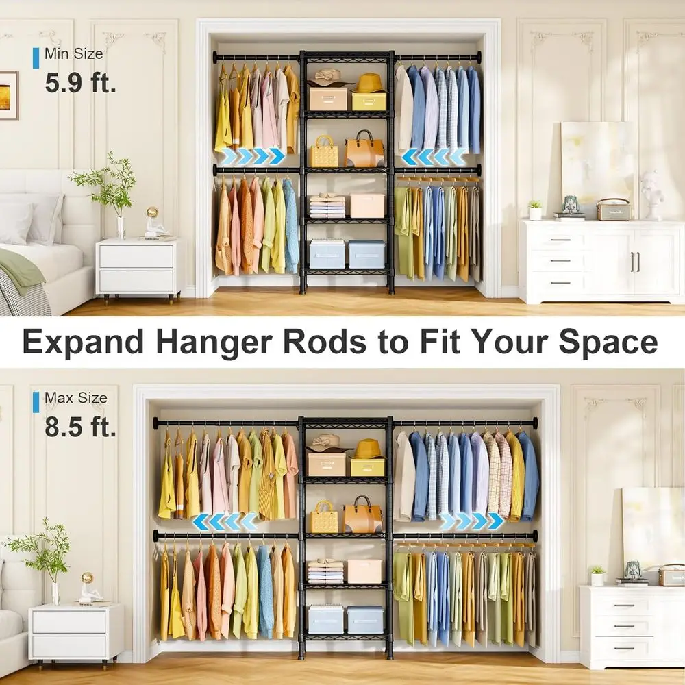 نظام خزانة مثبت على الحائط باللون الأسود مع 4 قضبان شماعات و5 أرفف، منظم ملابس قابل للتعديل (70.8-102.3 لتر × 14.5 عمق × 71.2 ارتفاع)