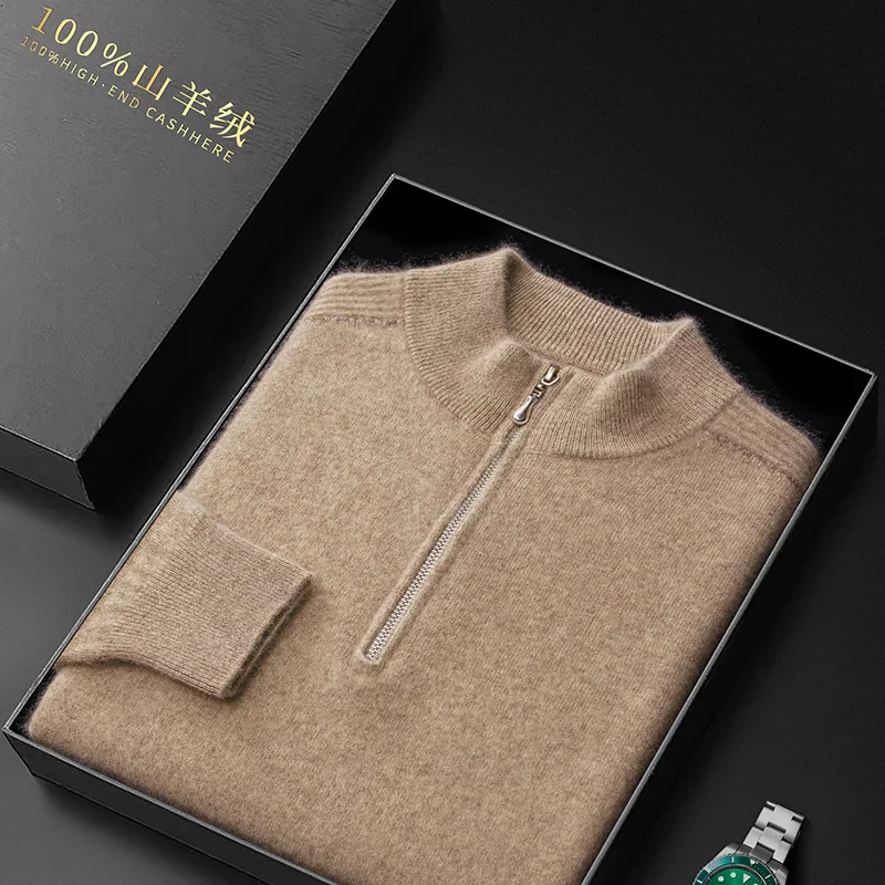 Autumn and winter 100% merino wool cashmere sweater men's thick twist top zipper collar bottoming shirt knit pullover M3073011