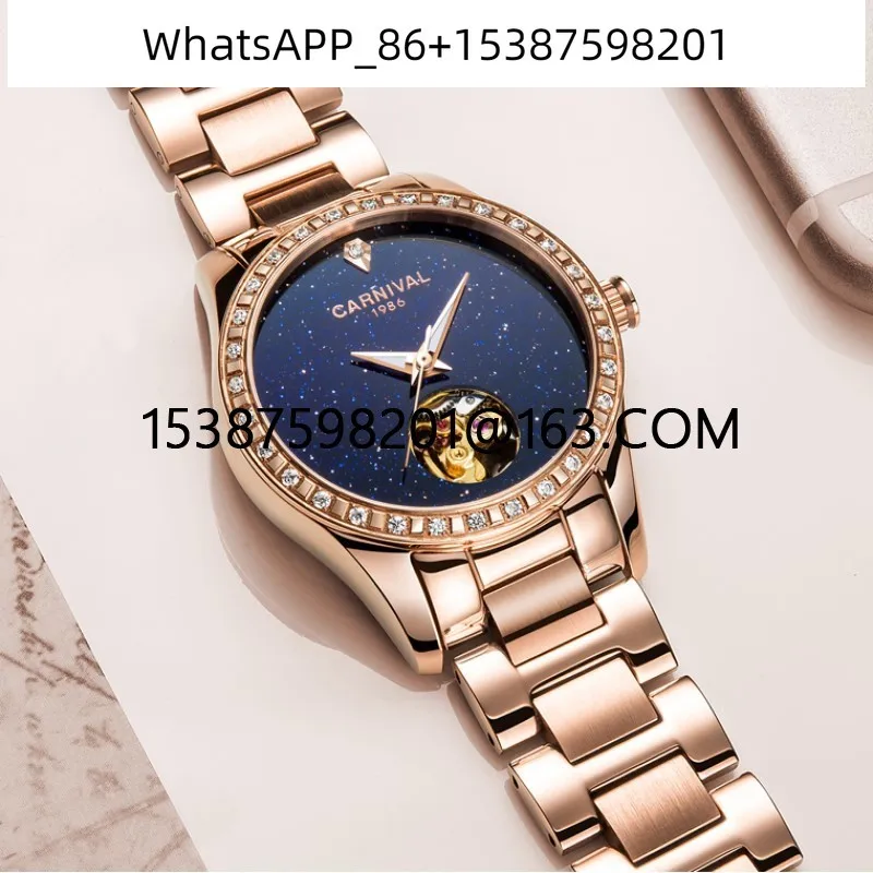 

Fashion Skeleton Watch Women 2019 CARNIVAL Mechanical Watch Waterproof Calendar Sapphire Luminous Full Steel Women Watches Gold