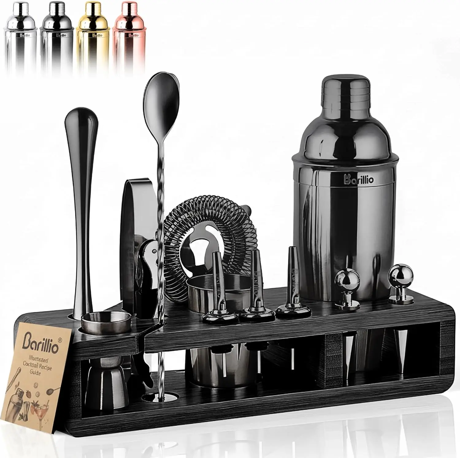 

23-Piece Stainless Steel Cocktail Shaker Set with Black Bamboo Stand - Home Bar Tools for Mixology