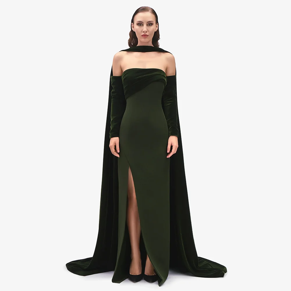 

Modern Formal Evening Dress with Scarf Strapless Side Split Column Evening Gowns for Women Pleated Green Velvet Prom Dresses