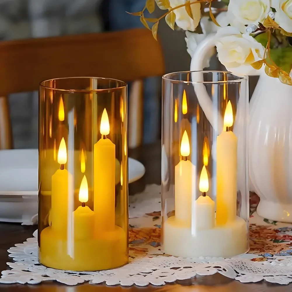 3 in 1 Flameless Taper Candles Battery Operated Acrylic Pillar Flickering Warm Light LED Candles for Wedding Holiday Home Decor