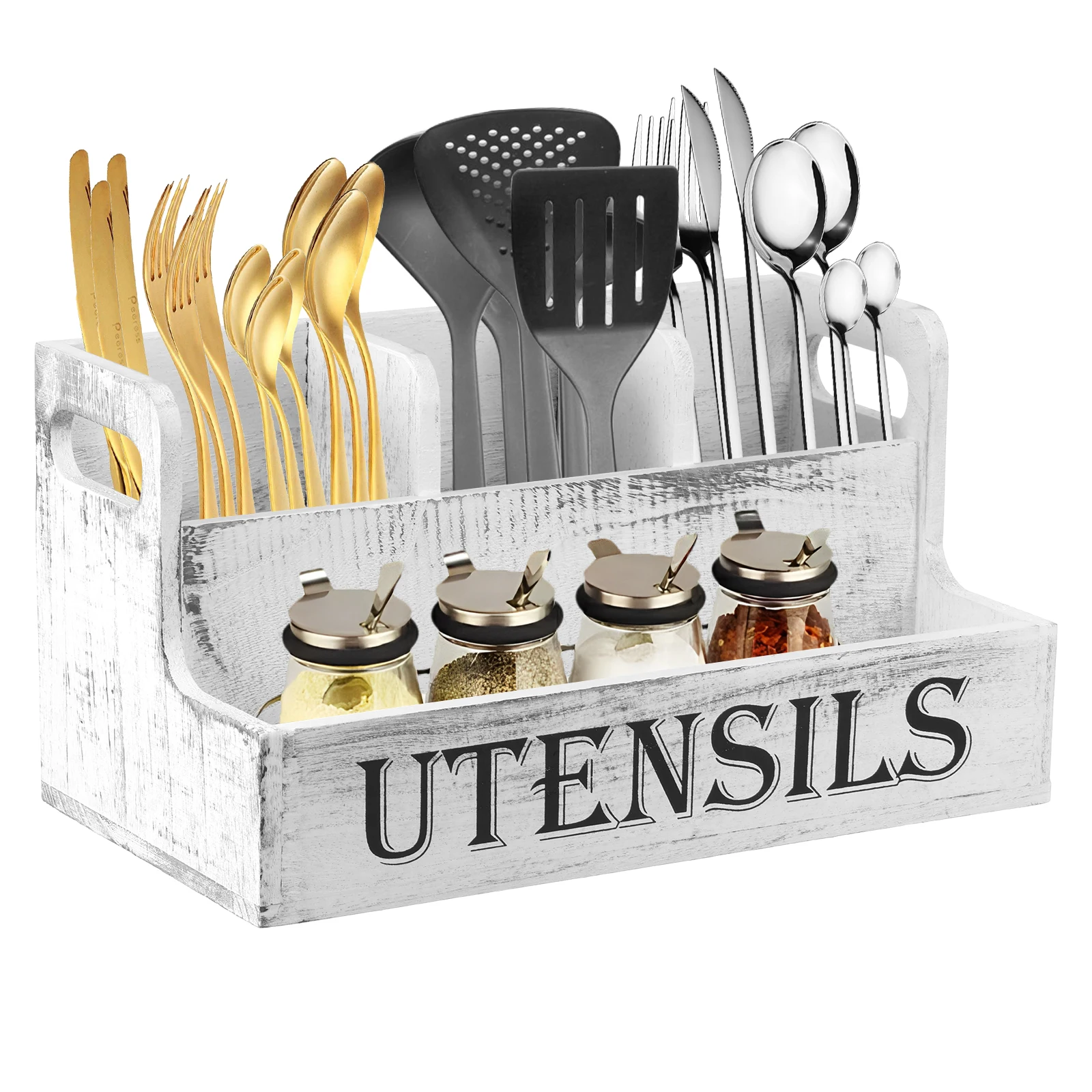 

Wood Utensil Holder Kitchen Counter 4 Compartment Large Capacity Cutlery StorageBox Silverware Fork Spoon Spatula Organizer