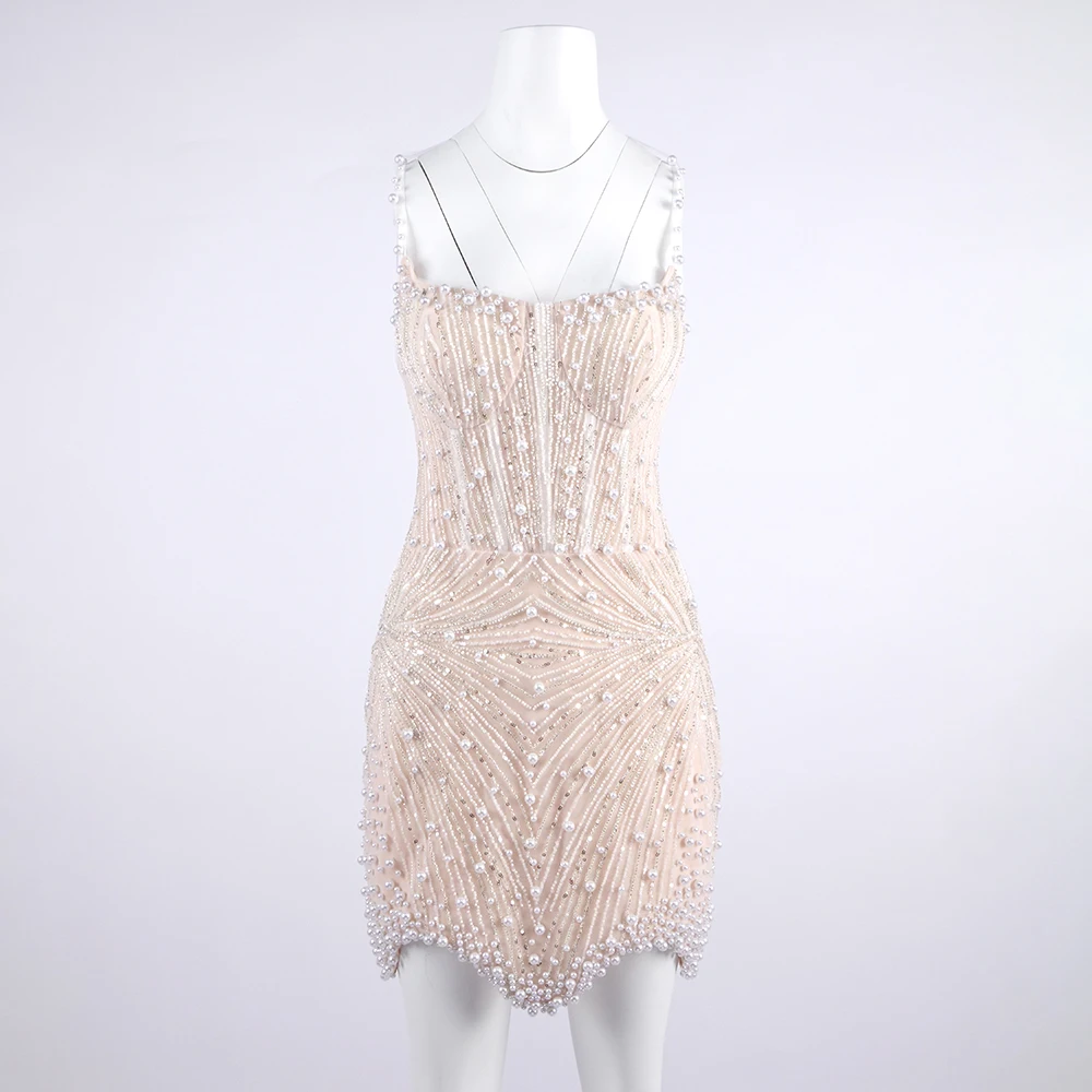 Elegante mini abito bianco senza schienale impreziosito da perle – Abito da sera per cocktail party senza maniche con colletto quadrato scintillante