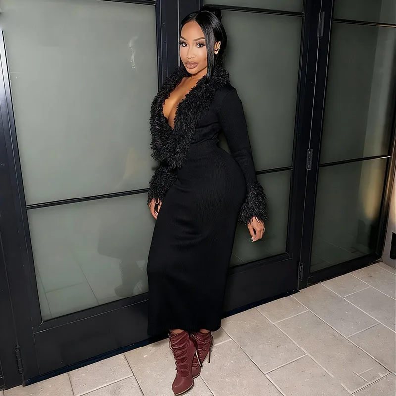 الخريف/الشتاء المرأة الجديدة طويلة الأكمام شرابة مثير العميق الخامس الرقبة بلون متماسكة Bodycon اللباس #5