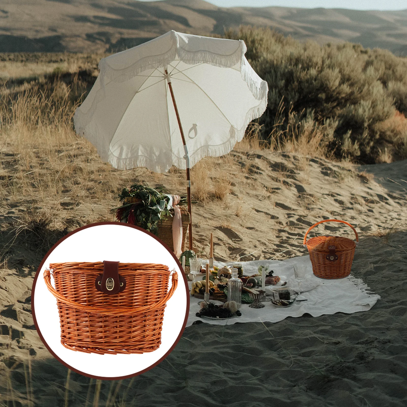 

Bike Wicker Basket Front Mount Brown Handlebar Box with Lid High Quality Style Bicycle Carrier Bag Books Picnic Lunch