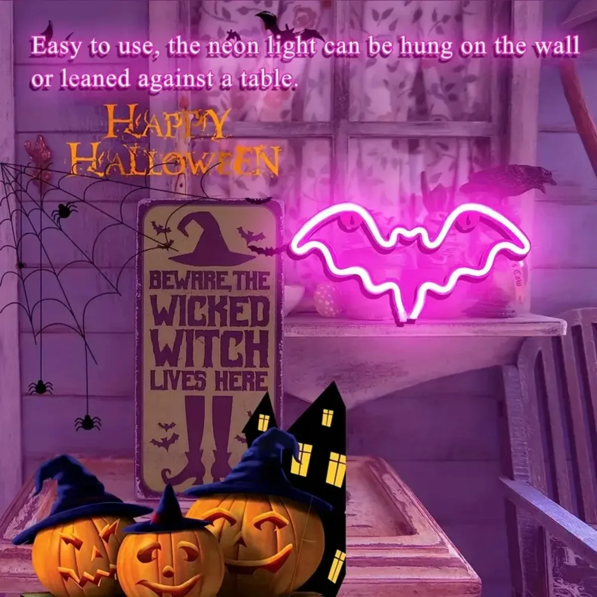 Pop 1PC Halloween Bat And Ghost Shape Neno Sign Light LED Neon Decorative Night Light Atmosphere Table Lamp For Bedroom Indoor D