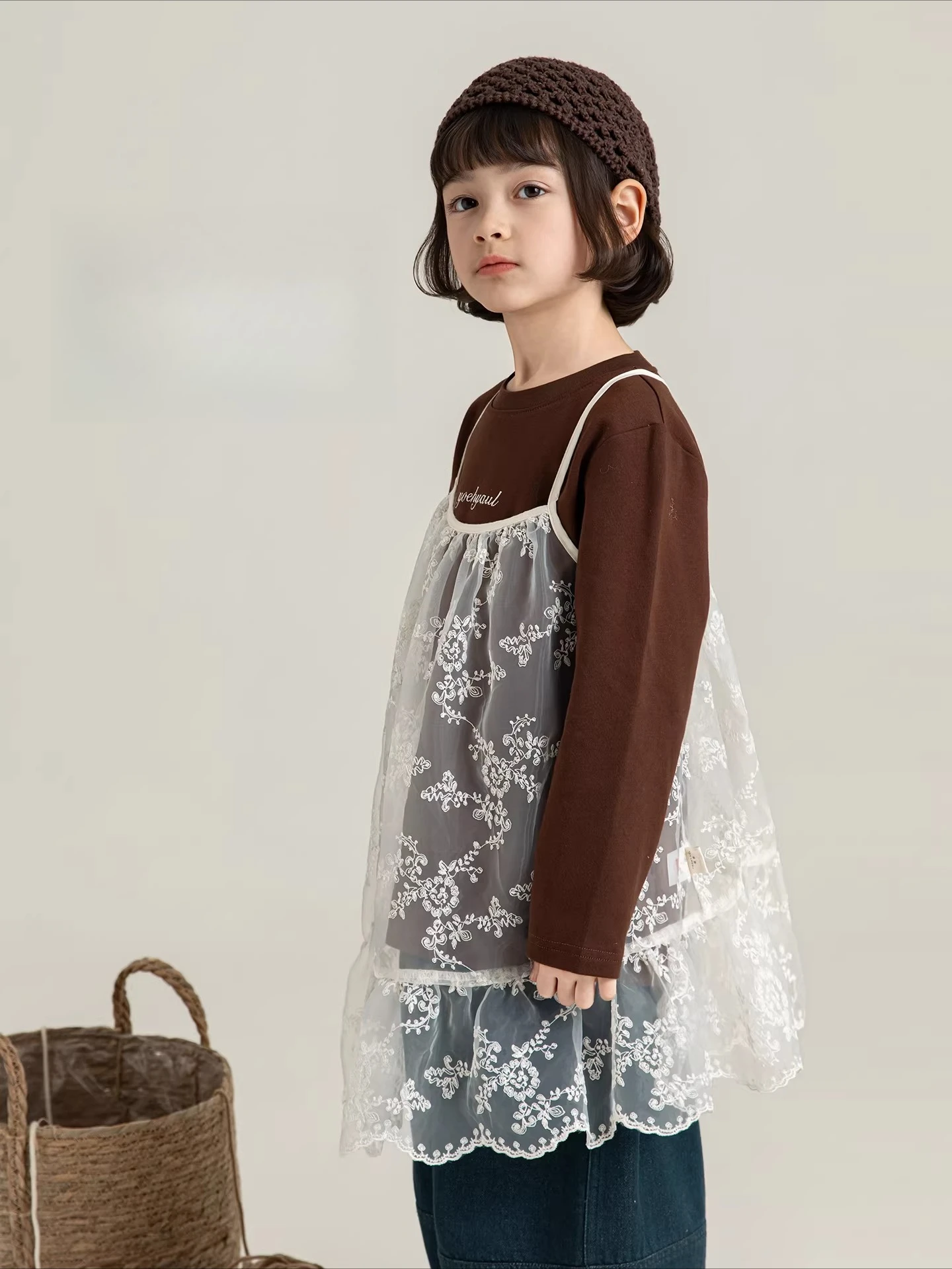 Girls 2026 Spring Long Sleeve Round Neck Antibacterial Tee Minimalist Lace Trim Sleeveless Top Sweet Two Piece Set Ages 4-8Y