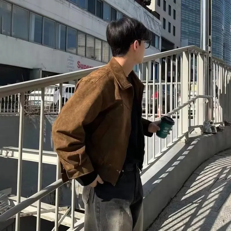 New Men\'s Jackets Retro Brown Coffee Suede Jacket For Men Spring Autumn Fashion Vintage Short Flying Jacket High Street Coat