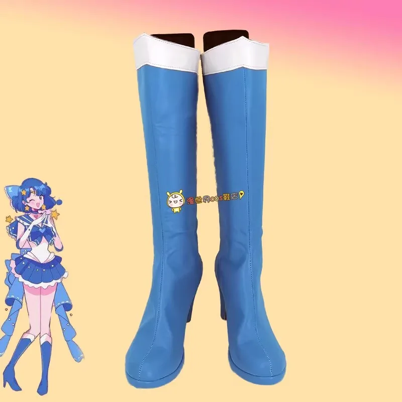 

Japanese Anime Mizuno Ami Mercury Cosplay Shoes Handmade Leather Blue Boots