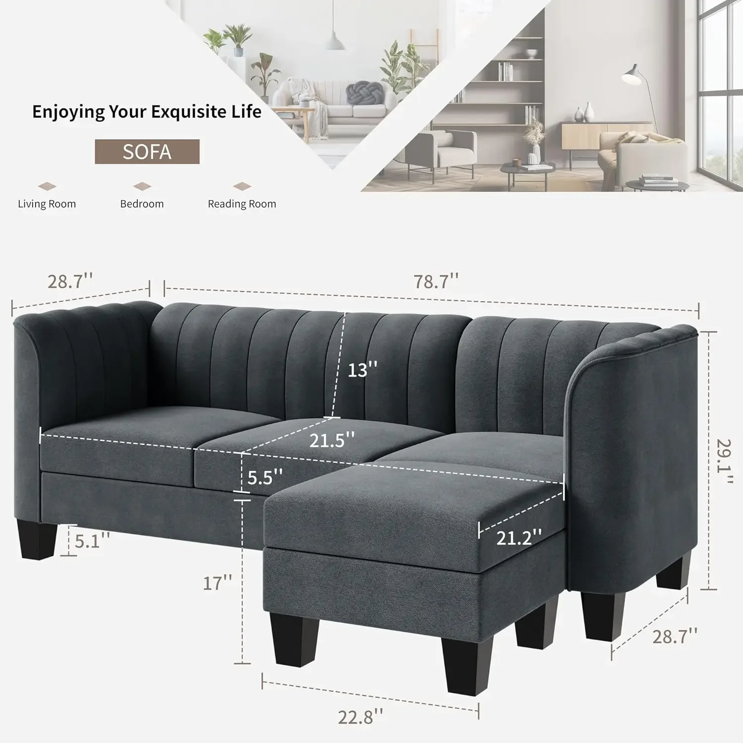 79'' Sectional Sofa Couch for Living Room, Small 3-Seat L Shaped Couch & Linen Fabric, Convertible Sofa & Chaise Clearance Set