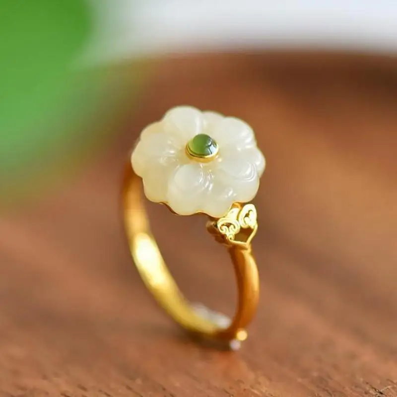 Genuine China Nephrite Stone White Hetian Jade 925 Silver Rose Flower Ring Women Certified Jewelry For Girlfriend Mom Gifts