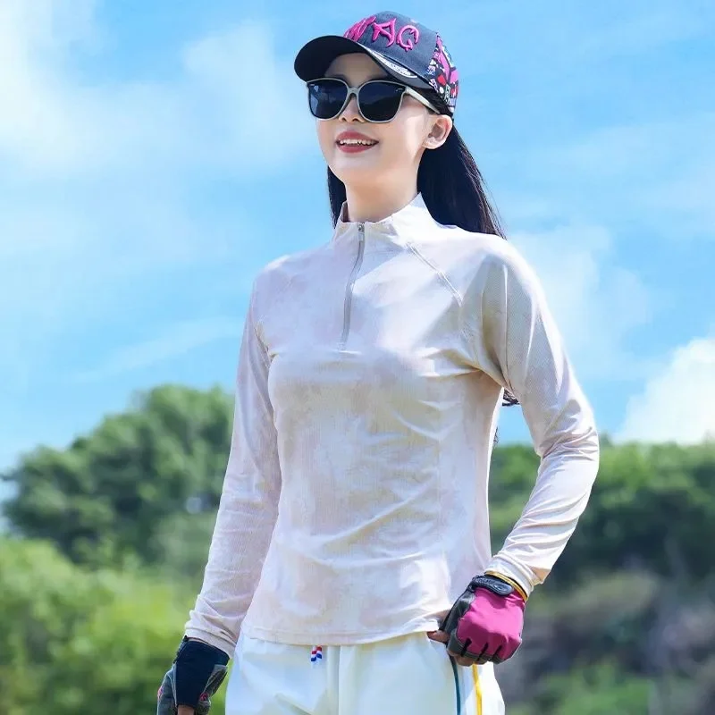 Korean Lady Stand Neck Sun Shirt Jacket Summer Women Long Sleeves Camouflage Yoga Wear Coat Spring Femme Quick-dry Clothing Tops