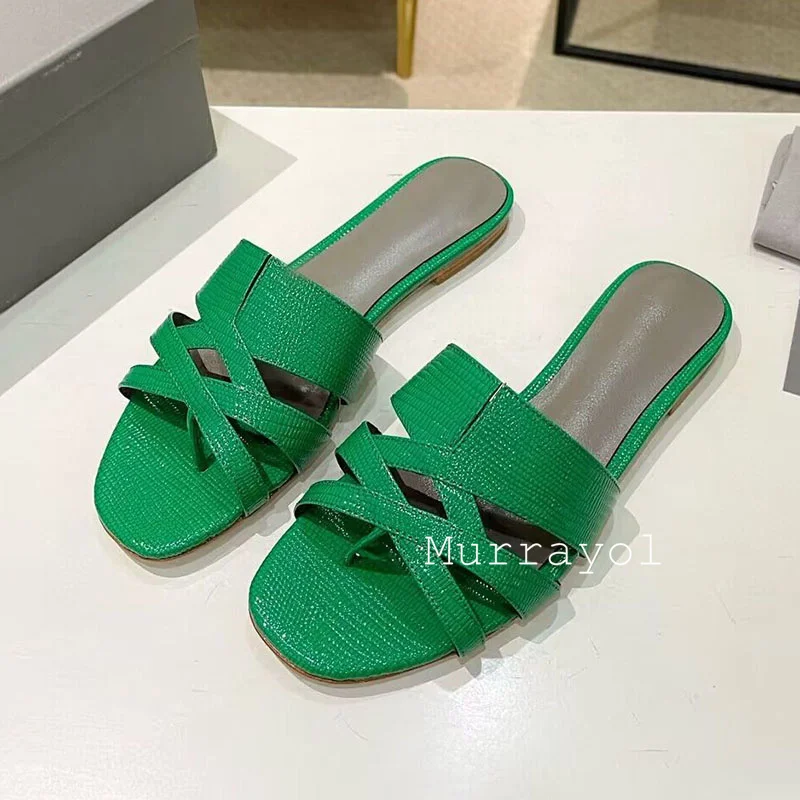 Pinch Toe Genuine Leather Weaving Design Flat Slippers Women Open Toe Solid Color Sandals Summer Vacation Shoes Dress Shoes