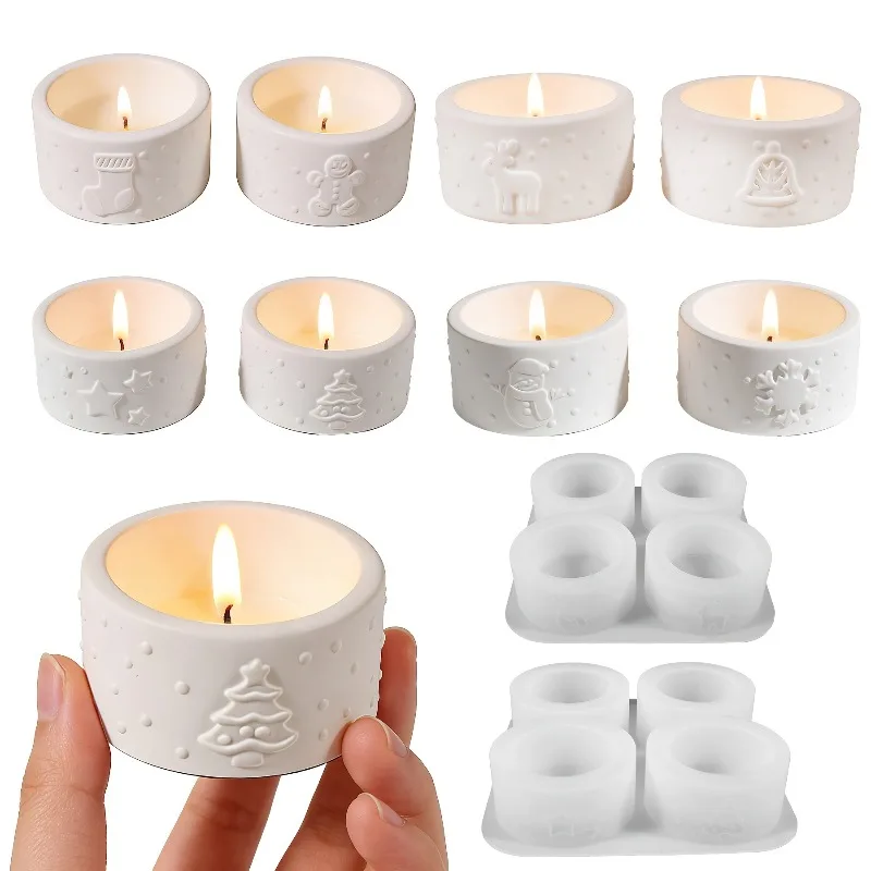 2pcs Set Four-Grid Silicone Clay Mold Christmas Embossed Candlestick Snowman Reindeer Christmas Tree Design Reusable DIY Molds