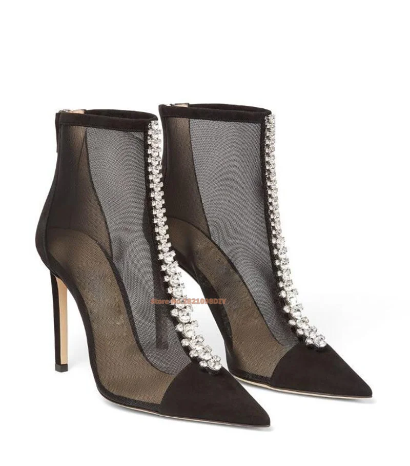 Rhinestone See Through Short Boots Women High Heel Pointed Toe Mesh Boot Pointy Thin Heeled Zipper Sparkle Ankle Bota