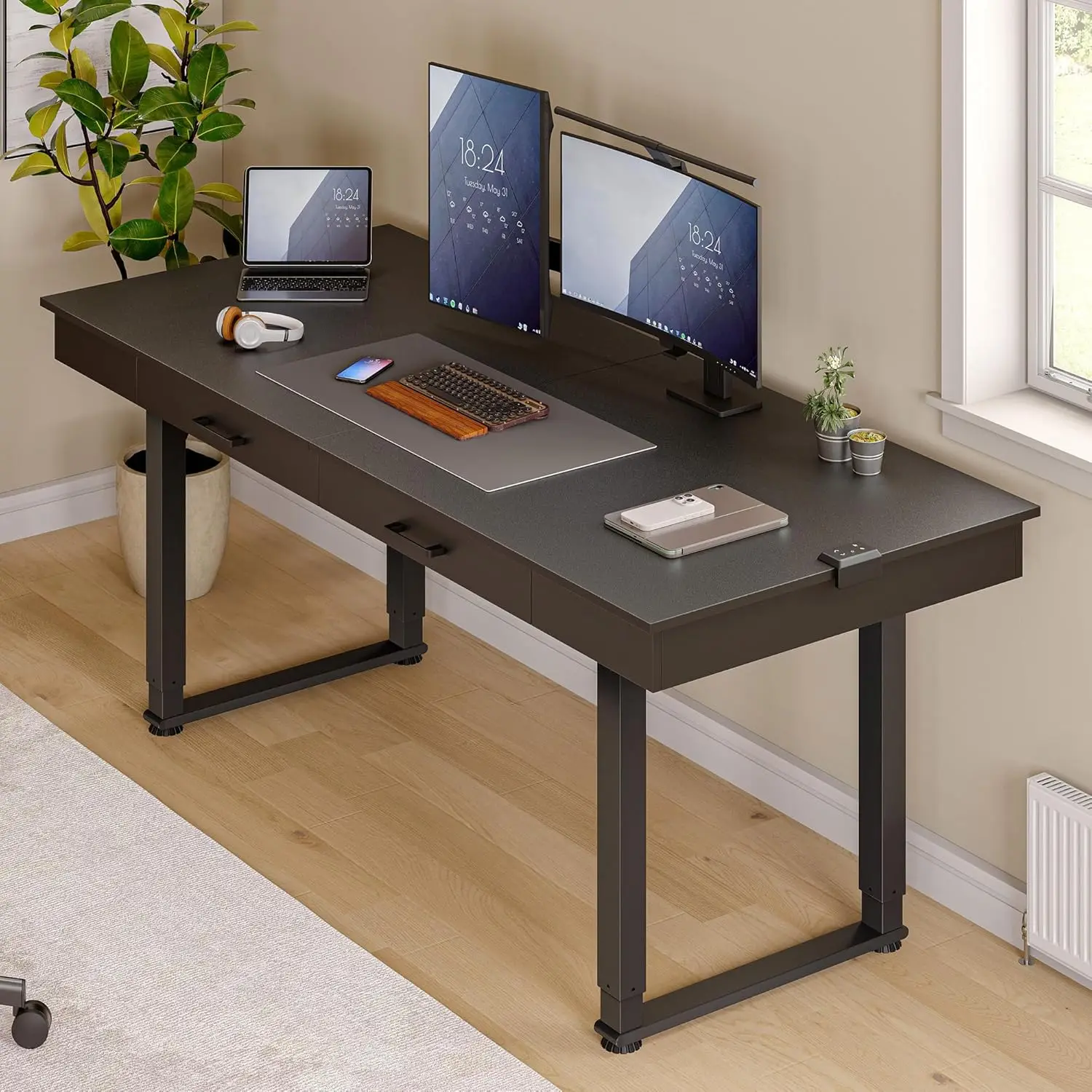 

Standing Desk with Drawers, 63x26 Inches Rectangle Electric Stand Up Desk with Dual Motor and Memory Preset, Adjustable