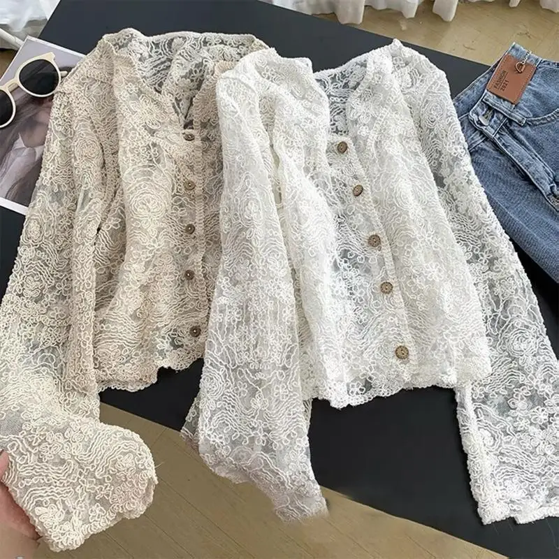 Women Korean Lace Flare Long Sleeve Blouse V-Neck Button Down Cropped Cardigan Hollow Crochet Floral See Through Thin Shirts