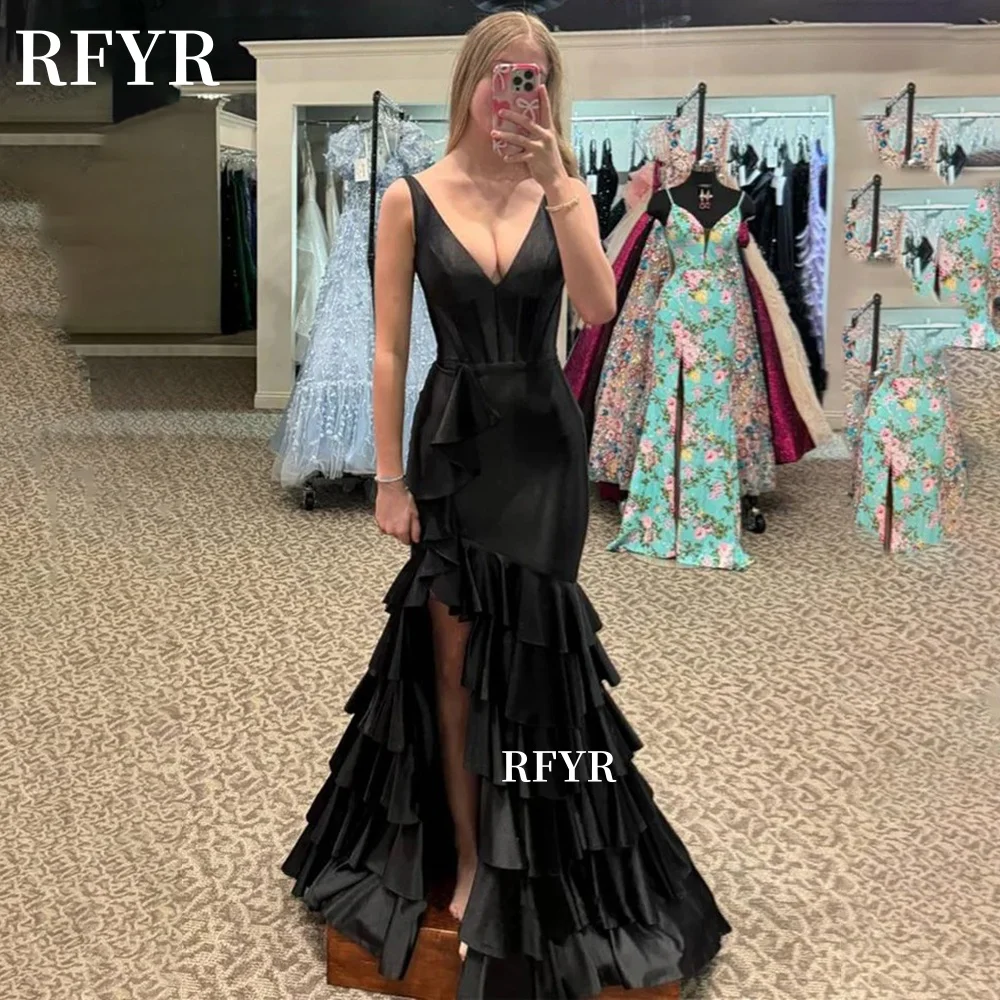 

Черное выпускное платье RFYR с многослойной отделкой и шнуровкой на спине, вечернее платье-русалка с плиссировкой, праздничное платье, индивидуальный пошив