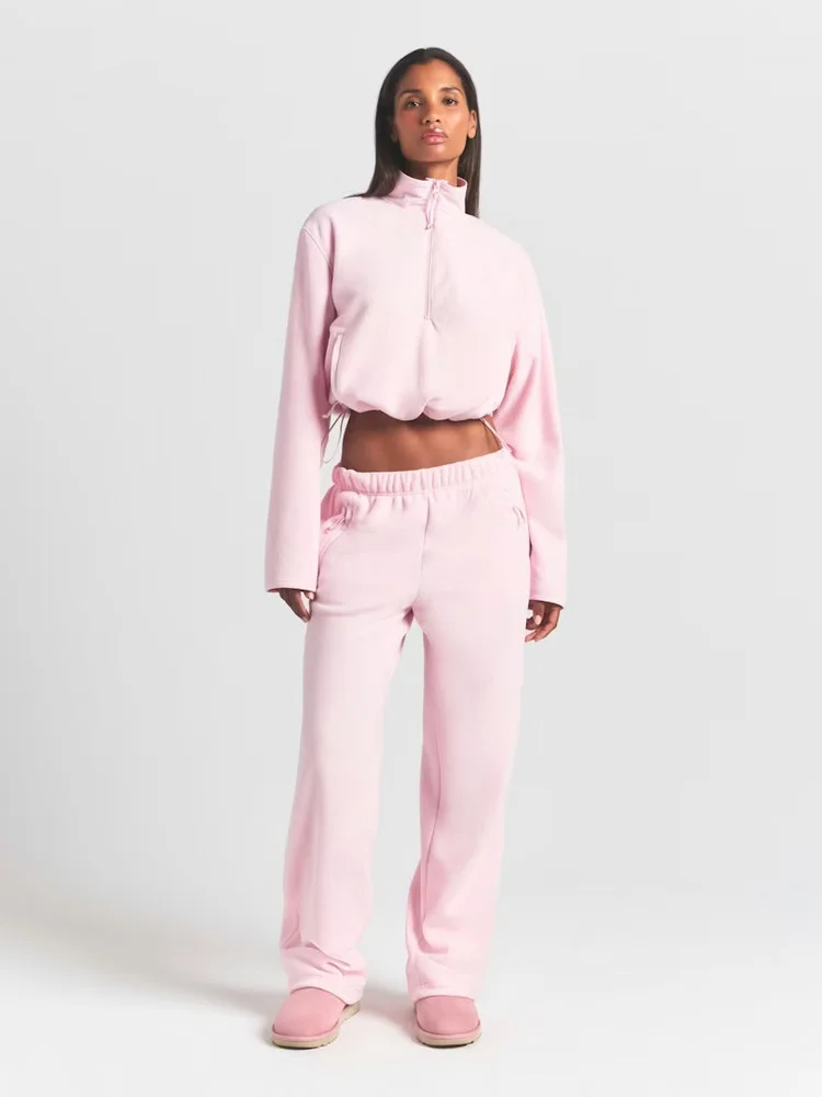 

Комплект в американском стиле: свитшот с короткой молнией и длинными рукавами, брюки с завязками, спортивный повседневный модный женский костюм