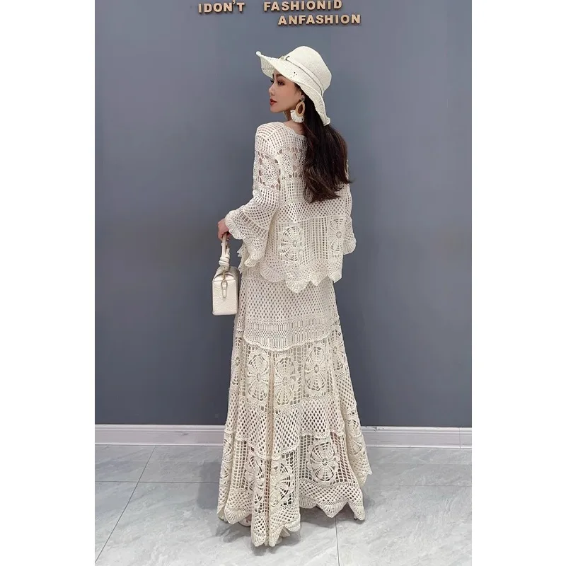 SuperAen 2024 Spring/Summer New Lace Set Hollow Top Large Swing Long Dress Two Piece Set Fashion Elegant Dress Set