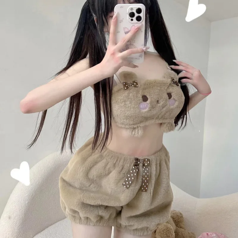 Piżama Kawaii Camis Wygodne pluszowe spodenki Homewear Urocza bielizna nocna z kreskówek Mleczny jedwabny zestaw bielizny damskiej