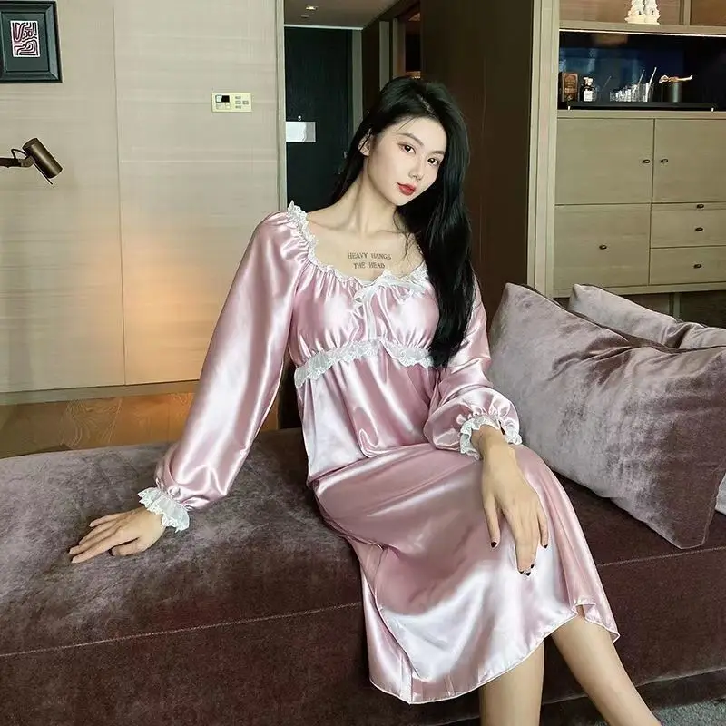 Princess Style Nightdress Women Spring Summer Ice Silk Long Sleeve Sweet Lace Plus Size Pajamas Long Dressing Gowns Sleepshirts