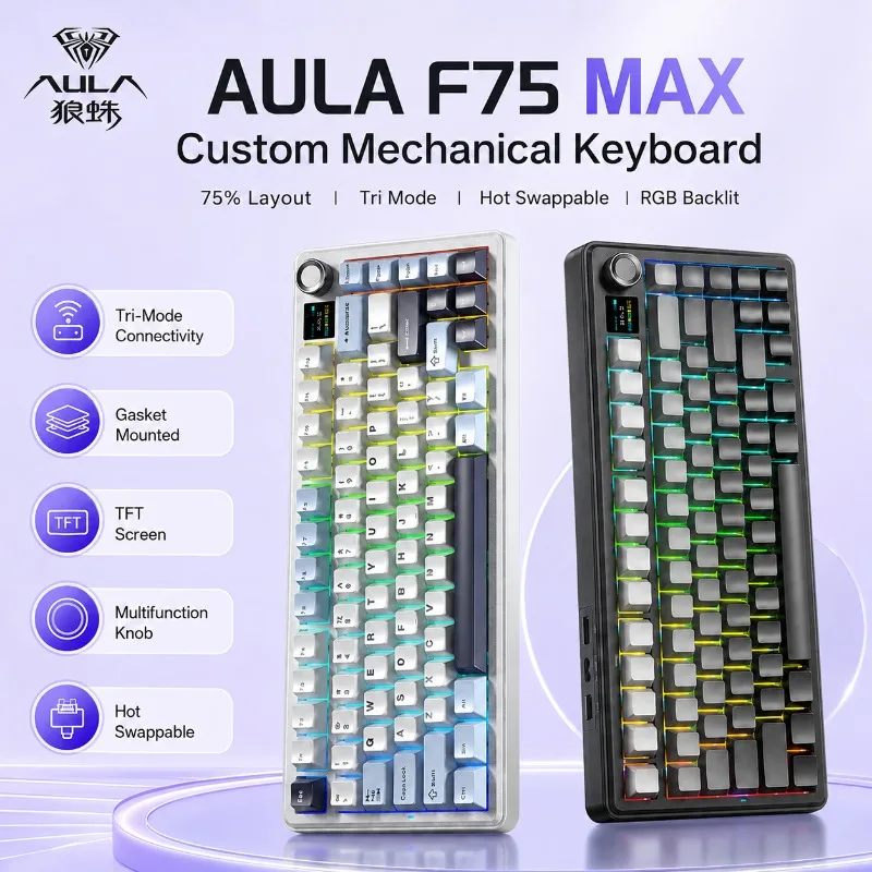 AULA F75 MAX Mechanical Gaming Keyboard 75 Percent Tri Mode Hot Swappable RGB Gasket Mounted TFT Screen Knob For PC And Mac