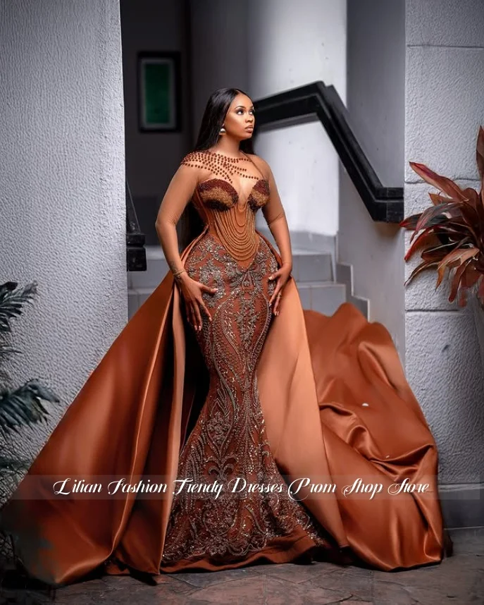 

Copper Beaded Lace Mermaid Evening Gown Overskirt African Style Prom Dress Luxury Evening Gown Custom Gemstone Engagement Dress
